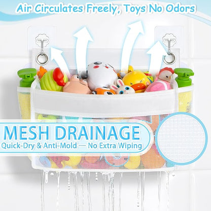 Bath Toy Holder 2-in-1 Zip-Connect Bathtub Toy Storage with 4 Suction Cups No Falling & one-Click Toy Release Quick-Dry Mesh Baby Shower Toy Holder - Kids Bath Toy Net for Tub Organizer