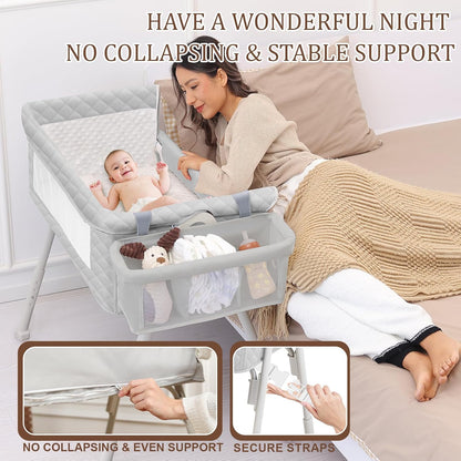 Baby Bassinet Bedside Crib for Newborn, 4-in-1 Baby Bassinet Bedside Sleeper with Mesh & Mattress, Easy Move Crib for Newborns with Lockable Wheels & Storage Basket, 4-Adjustable Height(Grey) | Bassinet with Wheels, Storage Basket, 4 Height Adjustable