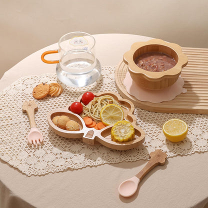 Bamboo Suction Plates Bowls Set for Baby Toddler - Includes Bamboo Bowl, Divided Plate, Silicone Fork & Spoon, All-Natural Baby Feeding Set for Baby-Led Weaning
