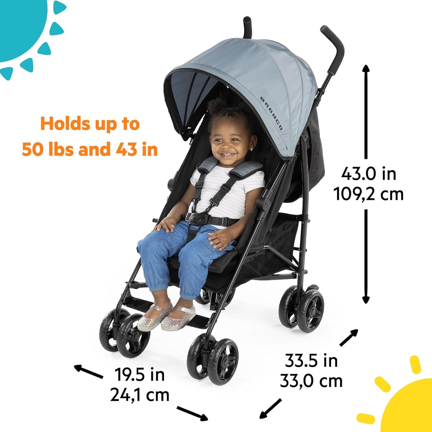 Bright Starts Ford Bronco HighGear Stroller, Lightweight Foldable Stroller with Sport Details, Large Storage Basket, Anti-Shock & Lockable Wheels, Unisex Area 51 Blue/Green