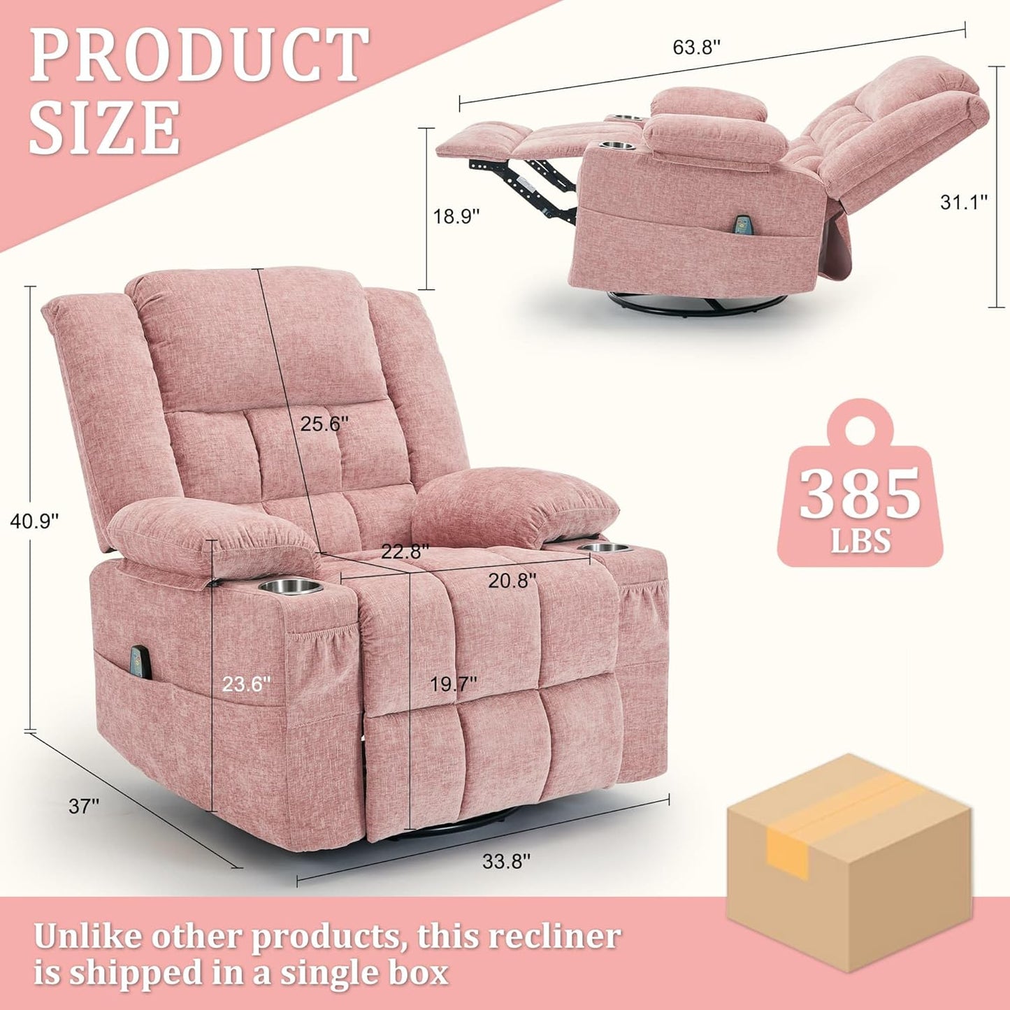 Korser 360° Swivel Rocker Recliner for Adults, Nursery Glider Recliner with Massage and Heating, Rocking Chair with Cup Holder, Manual Recliner Chair for Living Room, Bedroom (Fabric, Beige)