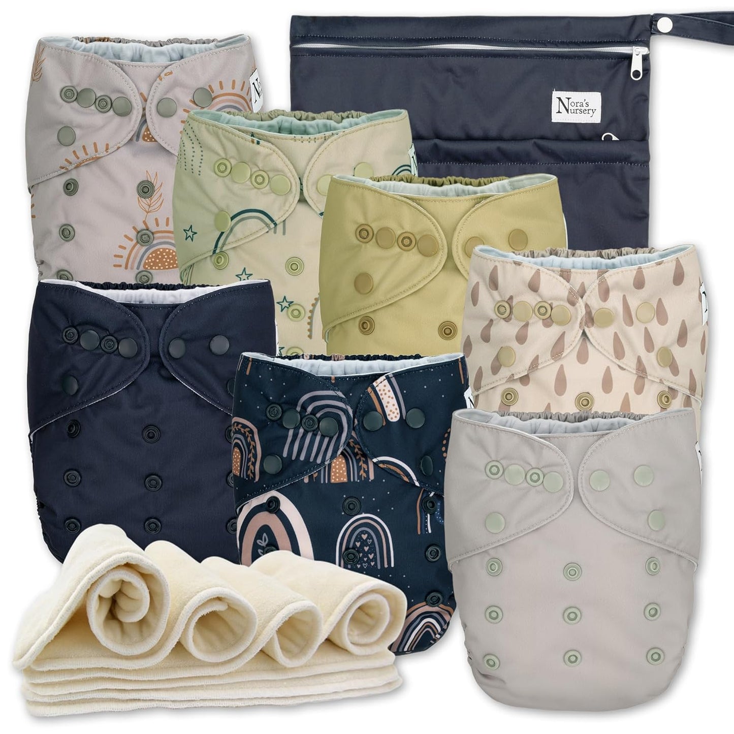 Nora's Nursery Cloth Diapers 7 Pack with 7 Inserts & 1 Wet Bag - Waterproof Cover, Washable, Reusable & One Size Adjustable Pocket Diapers for Newborns and Toddlers - Cali Coastal