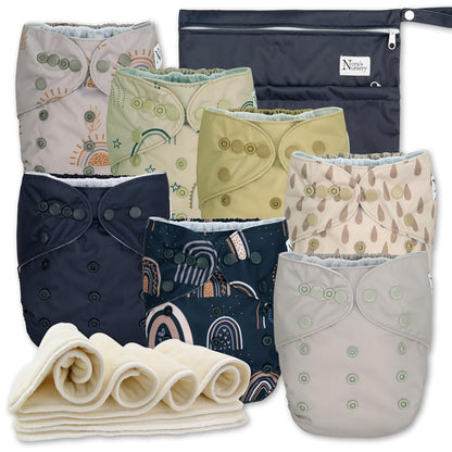 Nora's Nursery Cloth Diapers 7 Pack with 7 Inserts & 1 Wet Bag - Waterproof Cover, Washable, Reusable & One Size Adjustable Pocket Diapers for Newborns and Toddlers - Cali Coastal