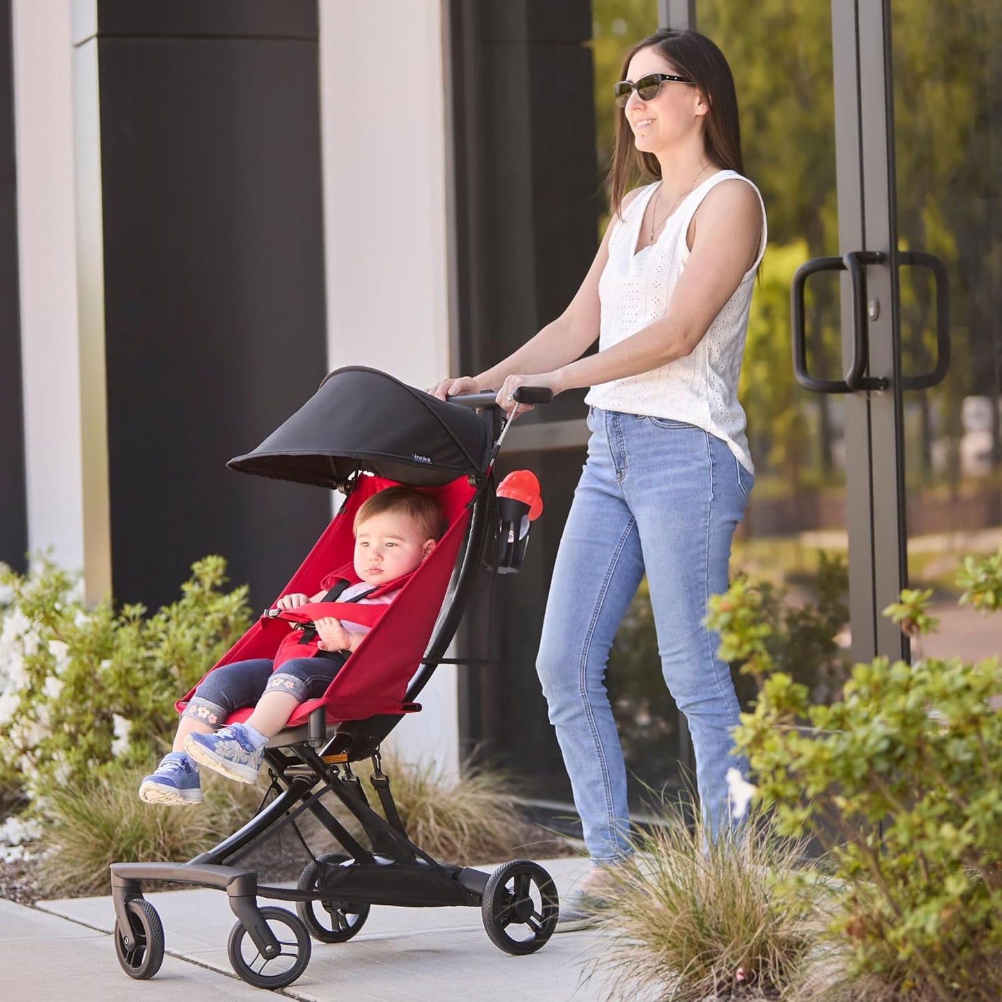 Evolur Roamer Ultra Lightweight Stroller, Compact One-Hand Self-Standing Fold Travel Stroller with 5-Point Safety Harness, Adjustable Sun Canopy, 360° Rotating Wheels with Cup Holder - Red