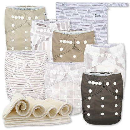 Nora's Nursery Cloth Diapers 7 Pack with 7 Inserts & 1 Wet Bag - Waterproof Cover, Washable, Reusable & One Size Adjustable Pocket Diapers for Newborns and Toddlers - Cali Coastal