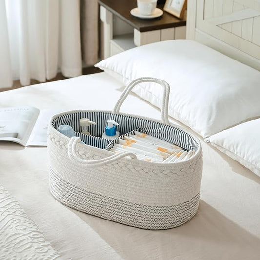 luxury little Diaper Caddy Organizer, Large Cotton Rope Nursery Baby Basket, Changing Table Organizer for Baby Diaper Storage, Portable Car Organizer Removable Divider (Off White, Large)