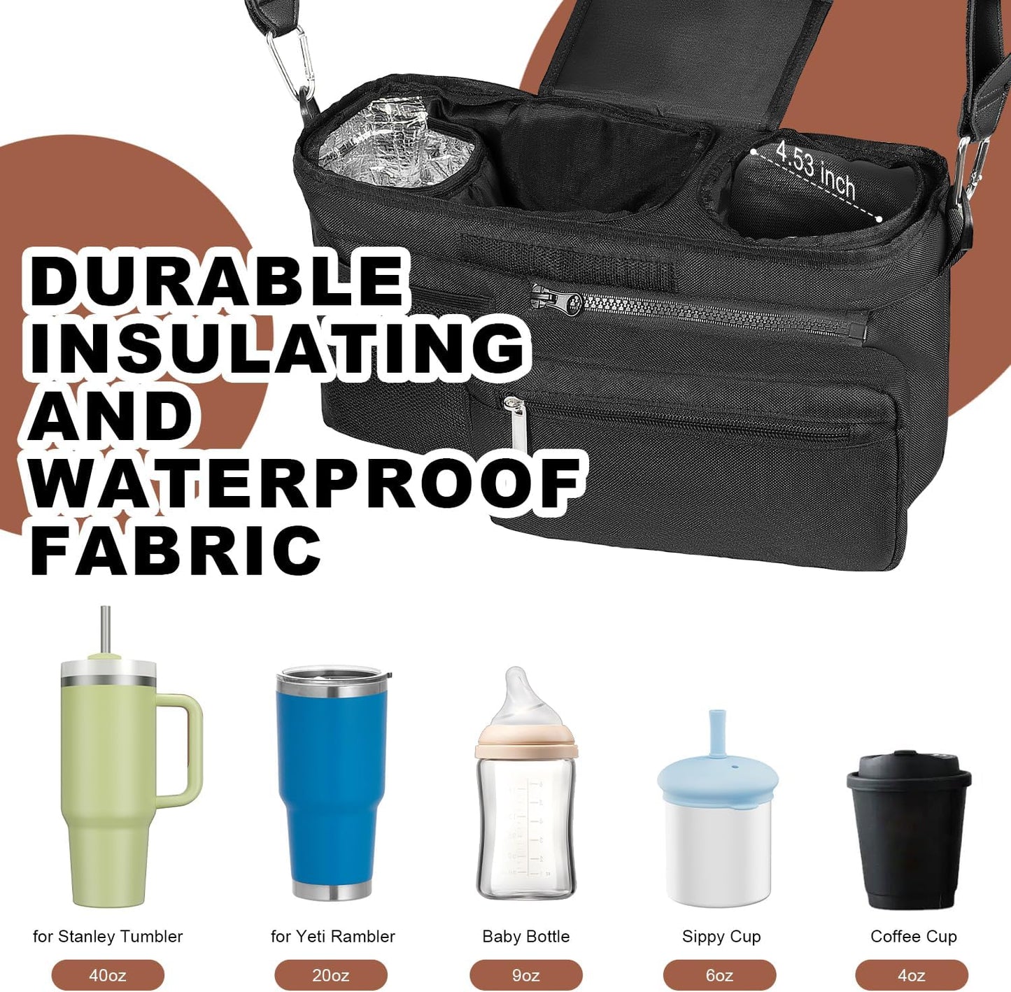 Universal Stroller Organizer with Insulated Cup Holder, Stroller Caddy with Detachable Bag & Shoulder Strap, Stroller Attachment Non-Slip Secure Hooks Accessories Fits Most Strollers