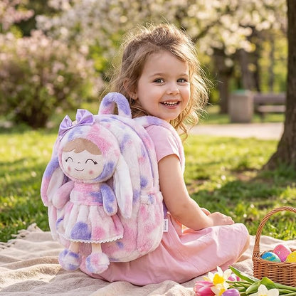 Gloveleya Back to School Gifts for Girls Backpack Plush Diaper Bag Detachabale Doll Tie-dye Purple and Soft Rabbit Design Aged 2+