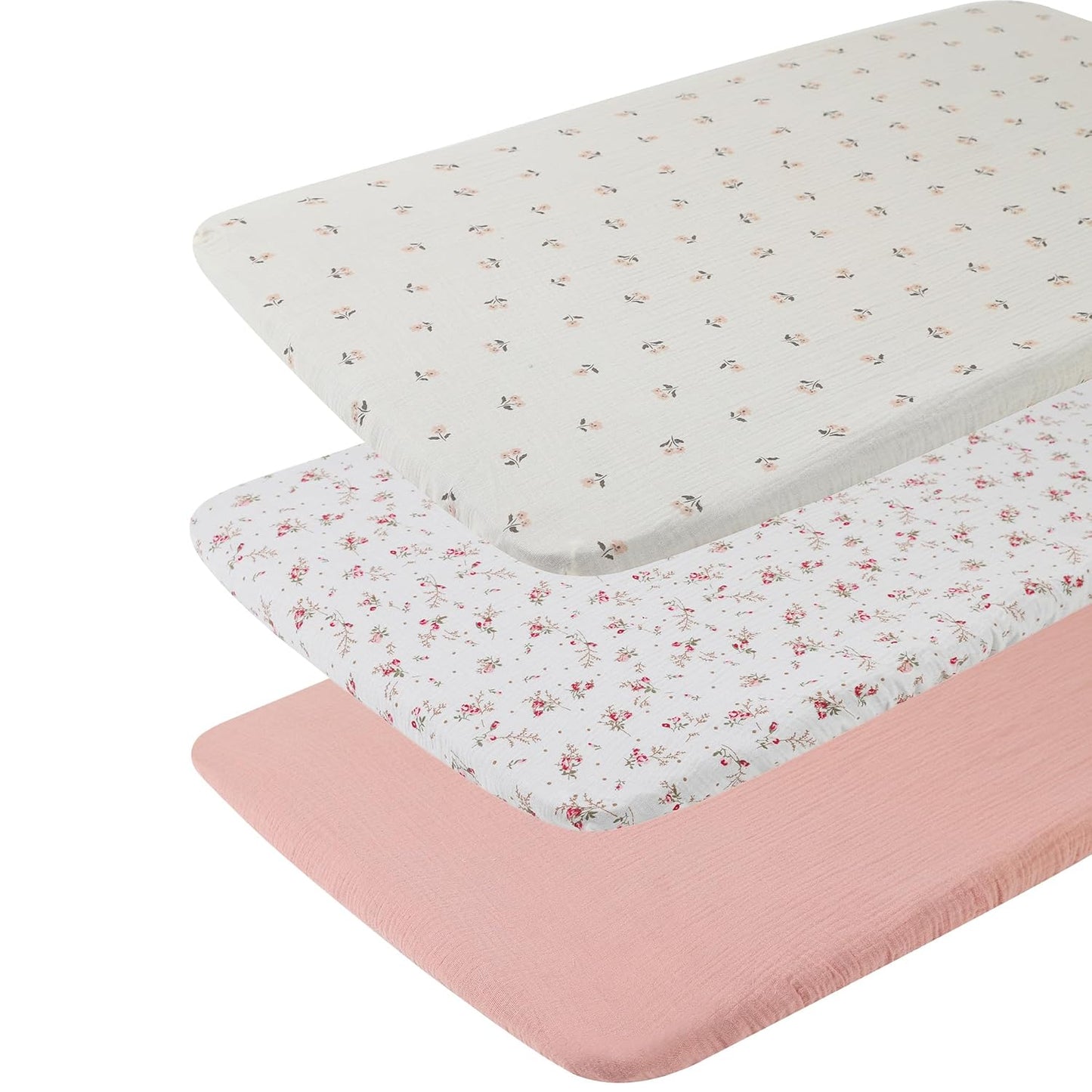 Onacosht Muslin Bassinet Sheets 3 Pack, 100% Cotton Baby Fitted Sheet 33" x 19" Compatible with Mika Micky, KoolaBaby (3 in 1), BabyBond, HARPPA and RICUTON Bedside Bassinet, Green, Floral and Cactus