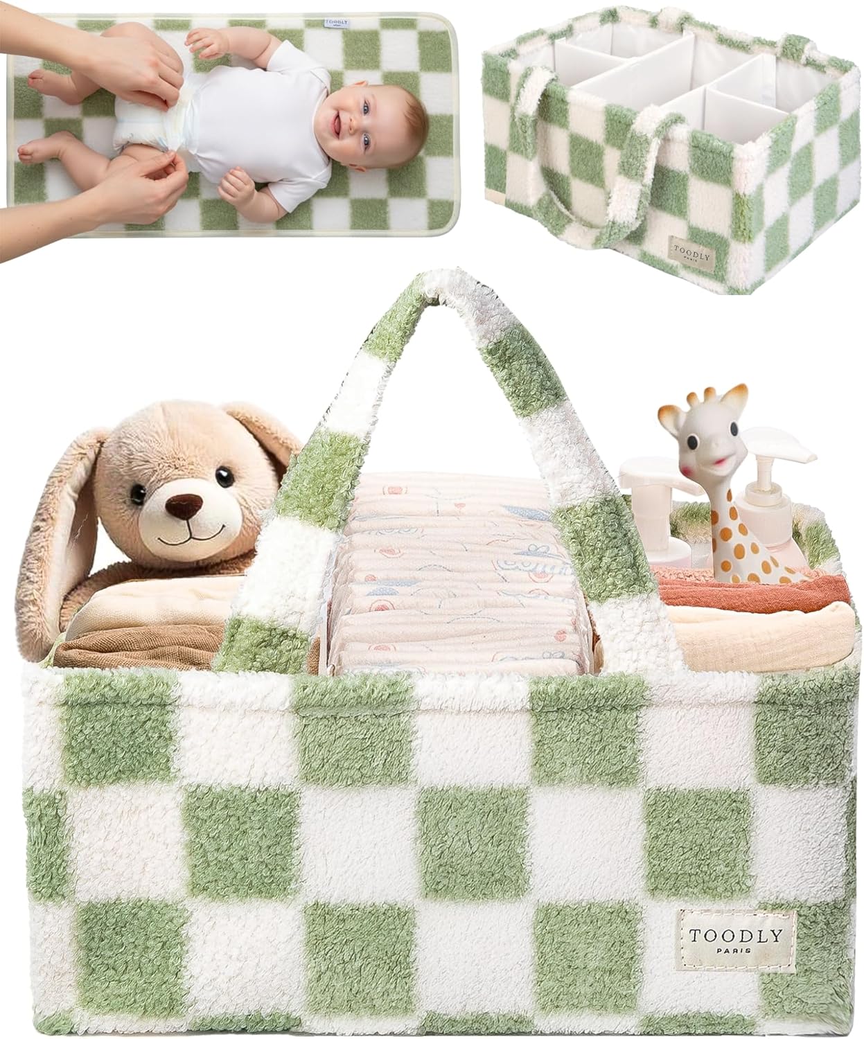 Baby Diaper Caddy Organizer with Portable Changing Mat - Teddy Fleece Diaper Organizer for Changing Table - Basket for Changing Essentials - Baby Essentials Organizer with Removable Dividers
