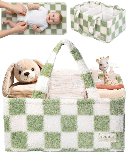 Baby Diaper Caddy Organizer with Portable Changing Mat - Teddy Fleece Diaper Organizer for Changing Table - Basket for Changing Essentials - Baby Essentials Organizer with Removable Dividers