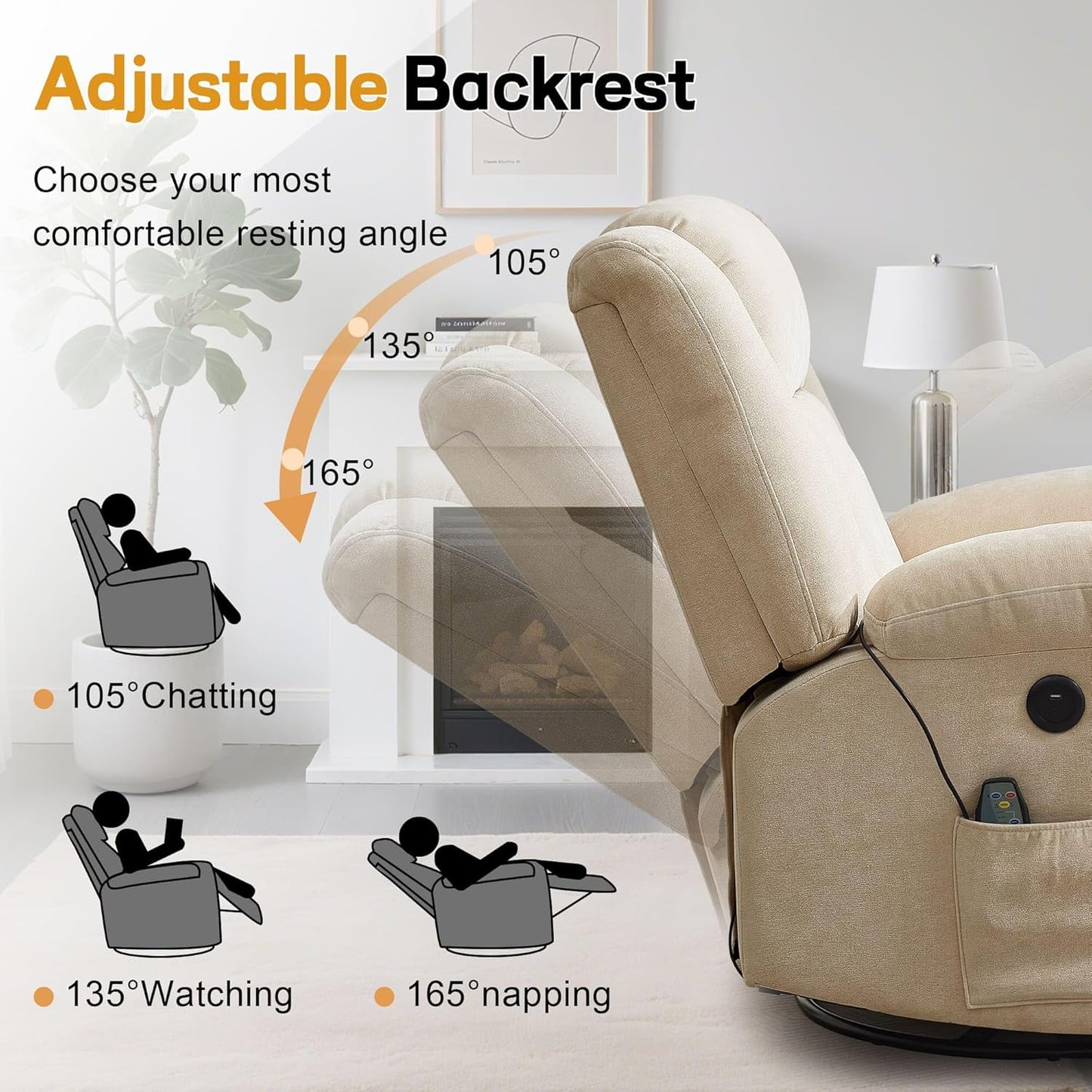 Korser Rocker Recliner, Glider Recliner Chairs for Adults, 360° Swivel Rocking Chair with Massage and Heating, Nursery Chair with Storage and USB Charging for Living Room, Bedroom, Nursery