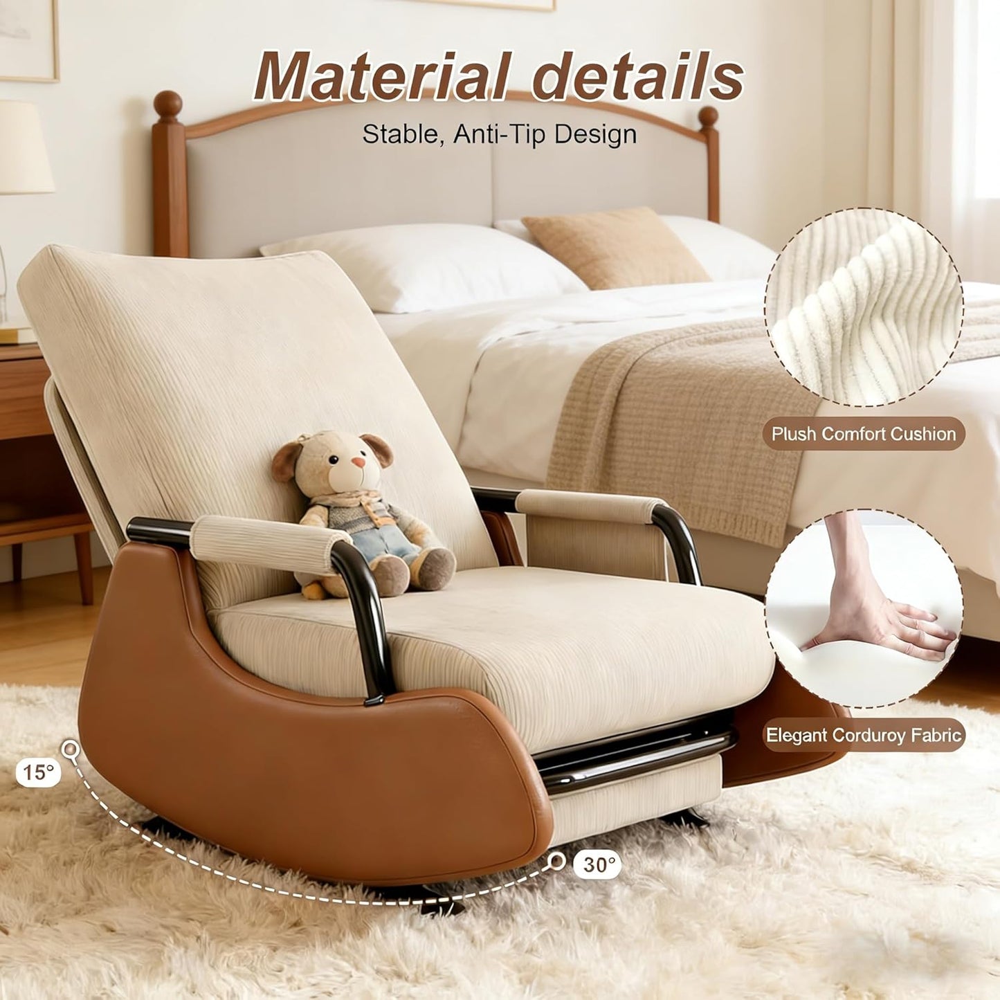 JPBSTO Rocking Chair Nursery, Upholstered Glider Rocking Chair with Side Pocket and Adjustable High Backrest, Comfortable Rocker Recliner with Footrest Perfect for Living Room Bedroom, Beige