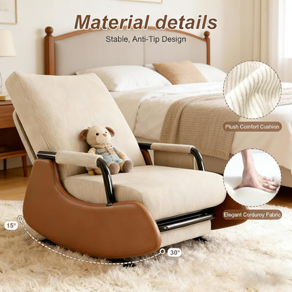 JPBSTO Rocking Chair Nursery, Upholstered Glider Rocking Chair with Side Pocket and Adjustable High Backrest, Comfortable Rocker Recliner with Footrest Perfect for Living Room Bedroom, Beige