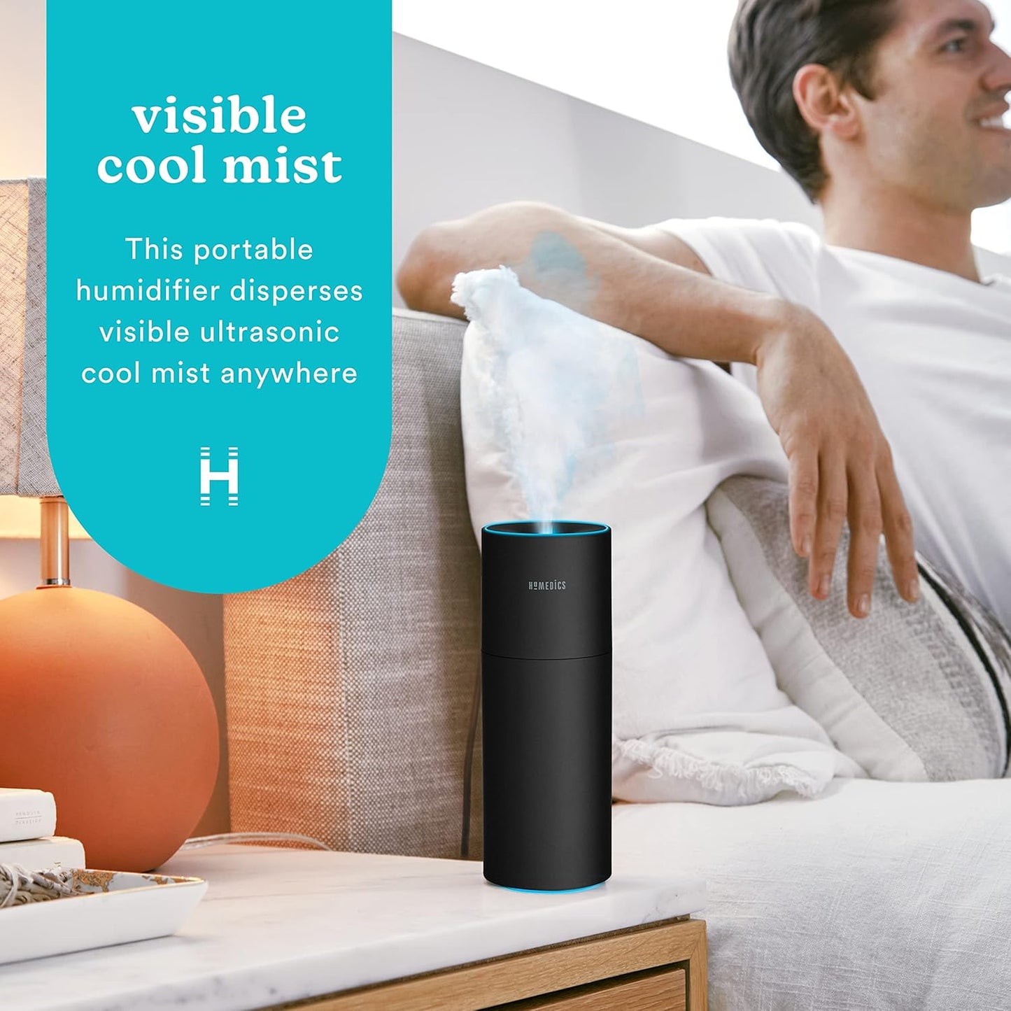 Homedics Portable Humidifier - Small Air Humidifiers for Bedroom, Plants, Office, Travel - Cool Mist Humidifiers, Color-Changing Accent Light, 2 Mist Settings, Matte White