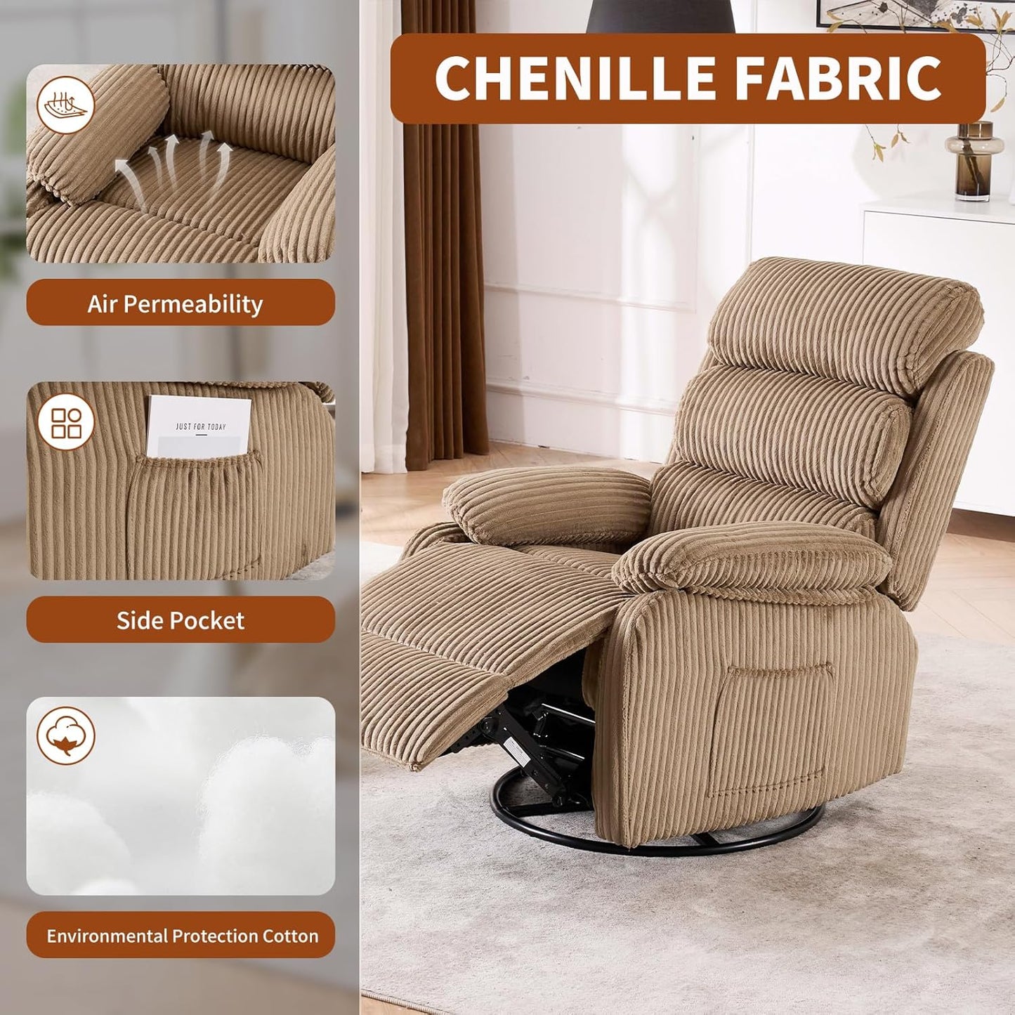 Adult 360° Rocking Recliner Chair，Nursery Rocker Reclining Chair with Side Pocket, a Comfy upholstered Single Sofa Armchair. Suitable for Living Room, Bedroom Nursing use, Velvet Fabric in Beige