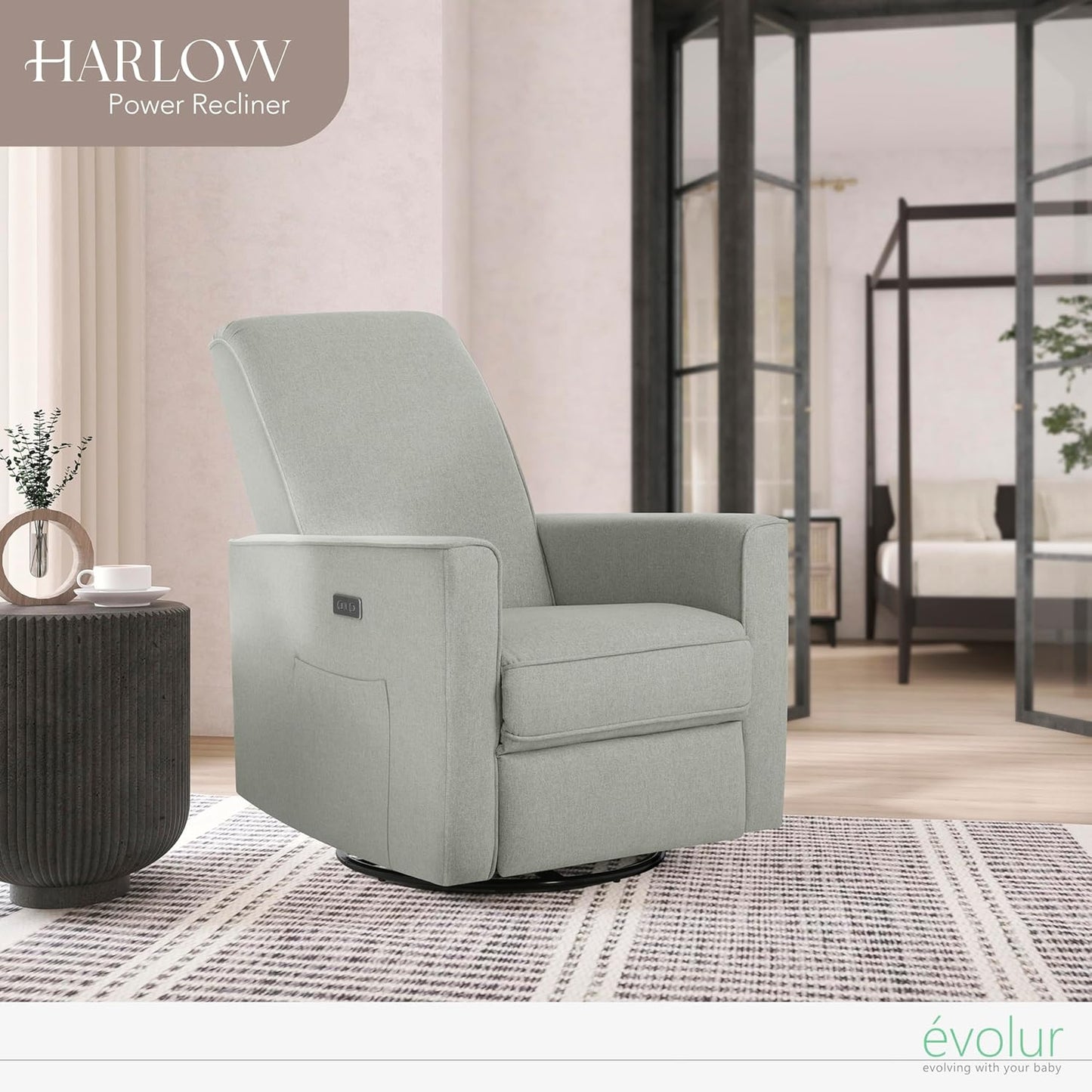 Evolur Harlow Upholstered Power Glider Recliner with USB Charging – Rocking & 275° Swivel with Smooth Glide – Greenguard Gold & FSC Certified – Modern Nursery and Living Room Chair in Light Sand