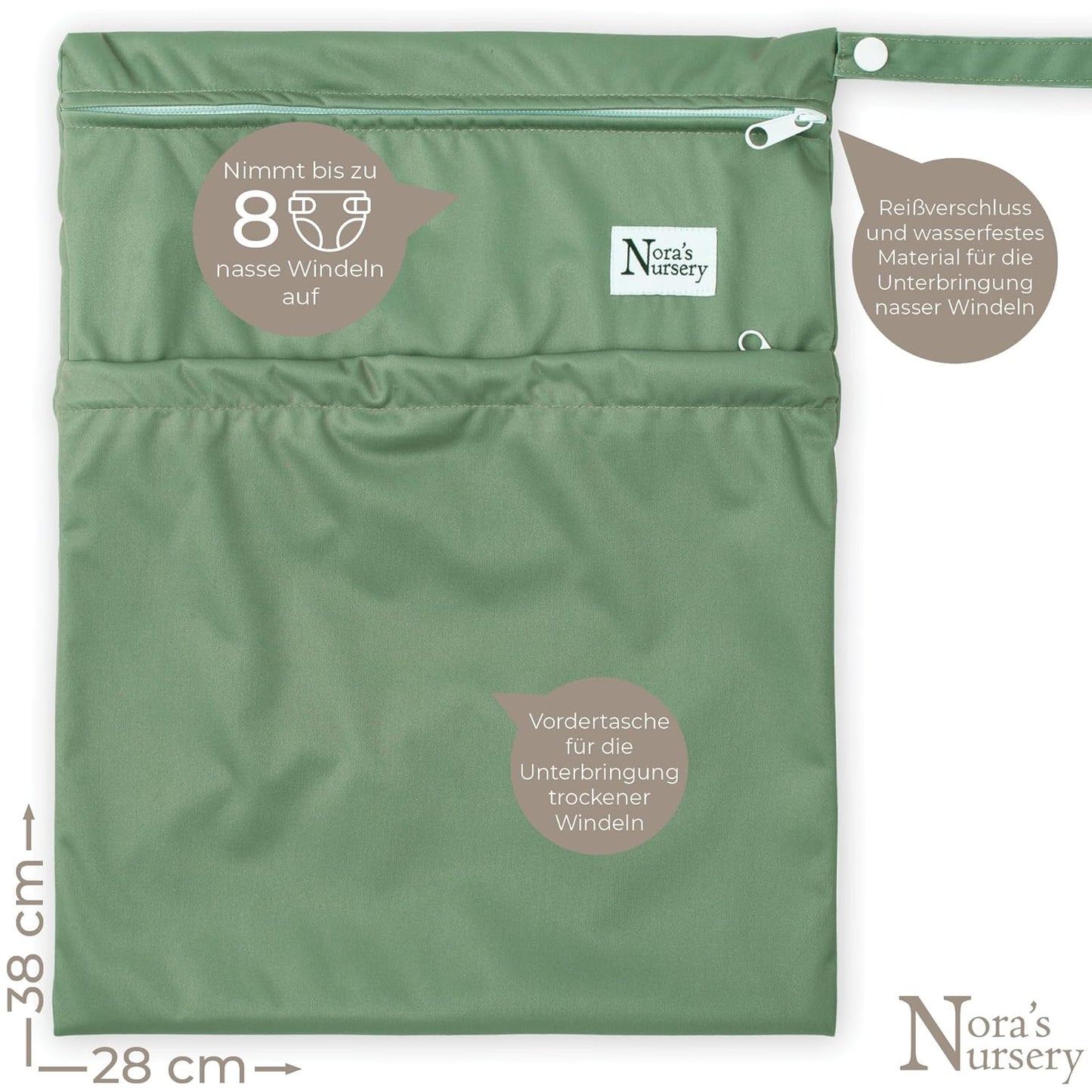 Nora's Nursery Reusable Wet Dry Bag for Cloth Diapers, Washable Pod with Large Zipper Opening, 2-Pack Waterproof Diaper Pods with Detachable Snap, Wet Bags for Cloth Diapers