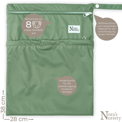 Nora's Nursery Reusable Wet Dry Bag for Cloth Diapers, Washable Pod with Large Zipper Opening, 2-Pack Waterproof Diaper Pods with Detachable Snap, Wet Bags for Cloth Diapers