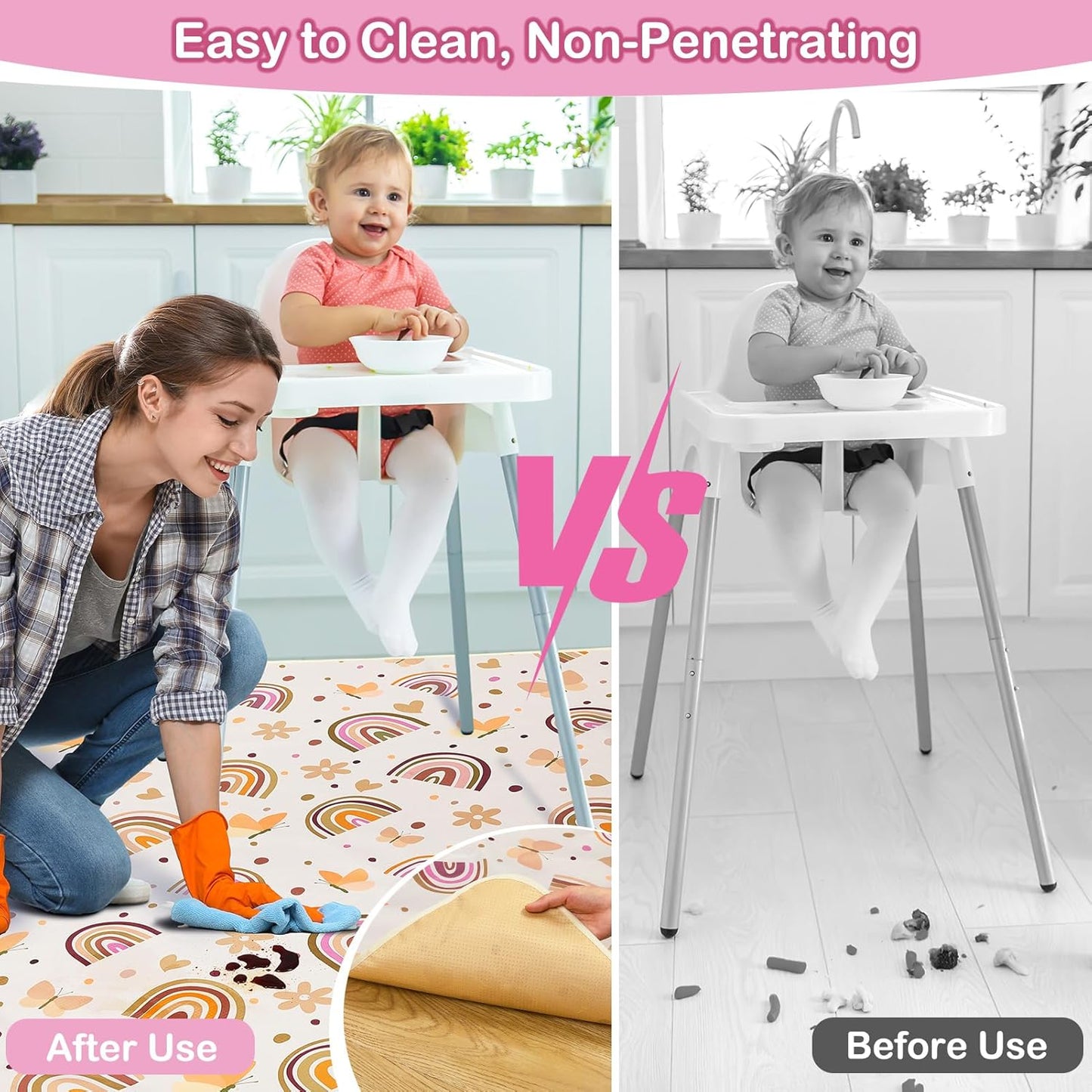 Basumee Splat Mat High Chair Mat Waterproof Baby Play Splat Mat for Under High Chair Food Catcher Highchair Mat for Floor Non Slip Bottom, Pink Rainbow, 46x42 Inches