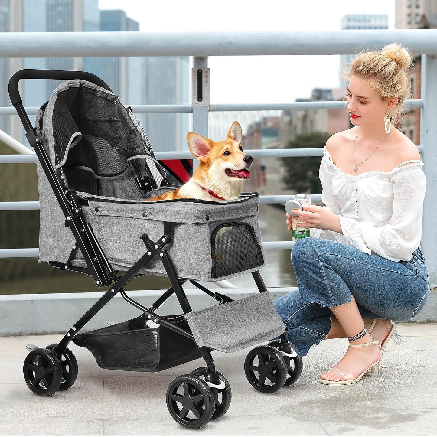 Lightweight Dog Stroller with Reversible Handle for Medium Small Dogs and Cats, Foldable Pet Stroller Travel Carriage with Large Storage Basket, 4 Wheels, Black