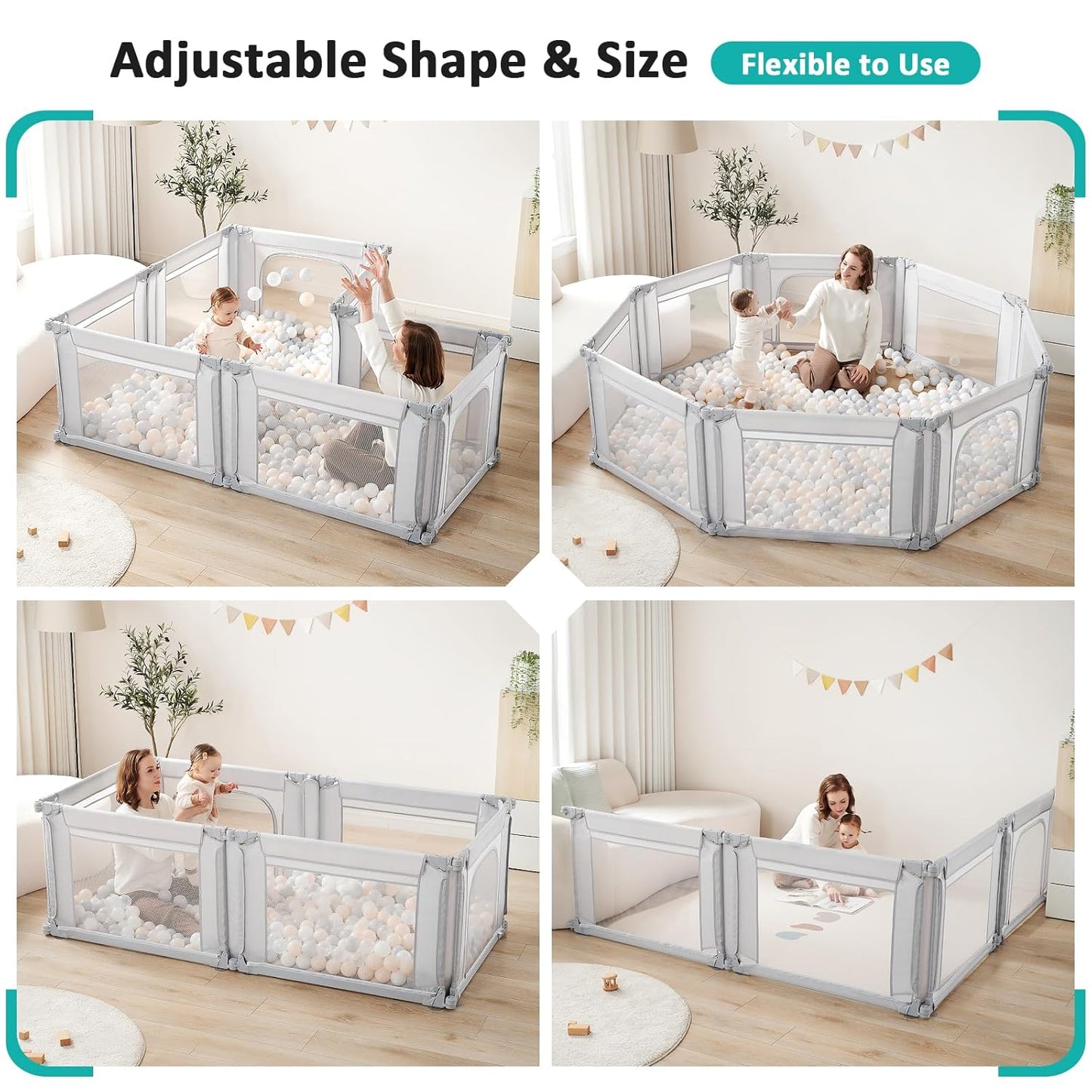 Doradotey Baby Playpen, Shape &Size Adjustable Large Baby Playard for Babies and Toddlers, Foldable Playpen Fence Indoors Play Center Yards, Breathable Mesh Anti-Fall Play Pen 79x71, Cream
