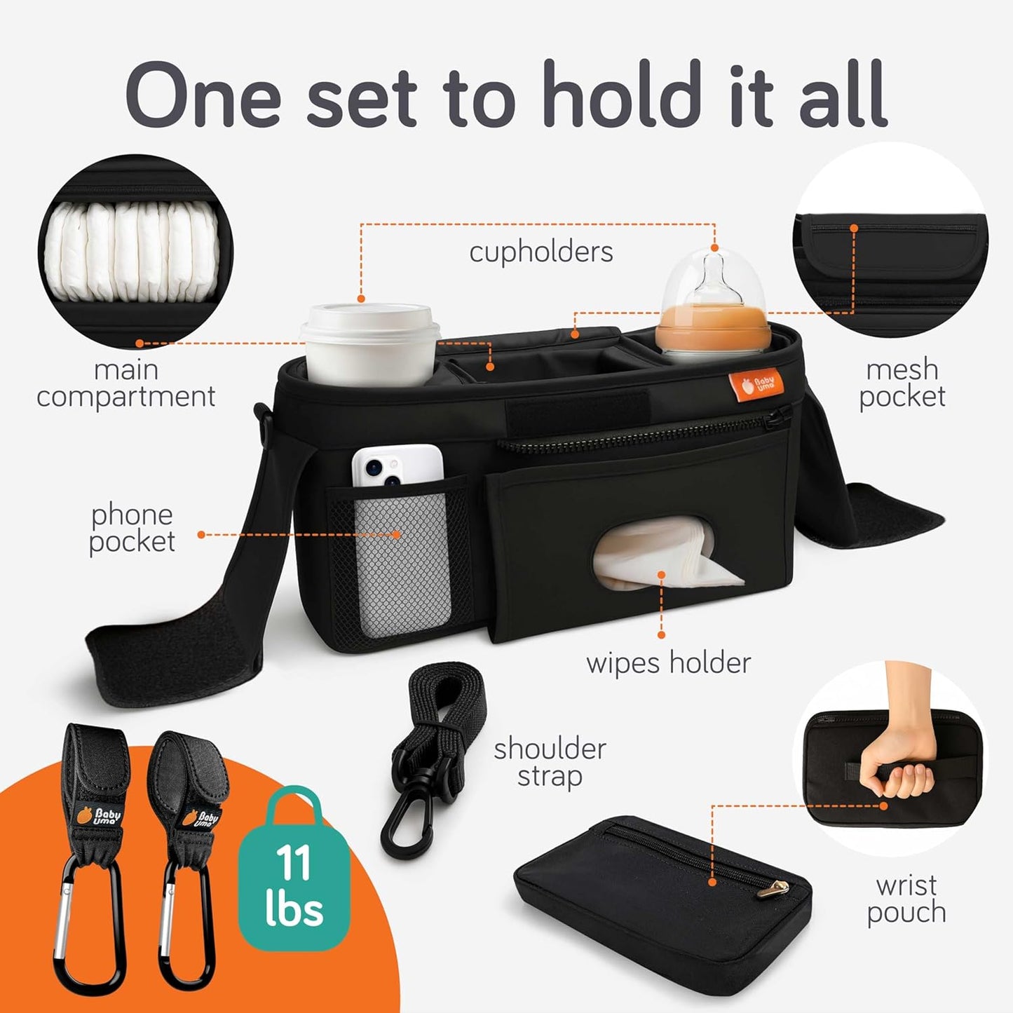 Baby Uma Universal Stroller Organizer Bag - Stroller Caddy Organizer with XL Insulated Cup Holder (x2), Phone Holder, Wipes Dispenser, Zip-Off Wrist Bag & Clip-On Shoulder Strap, Baby Travel Gear