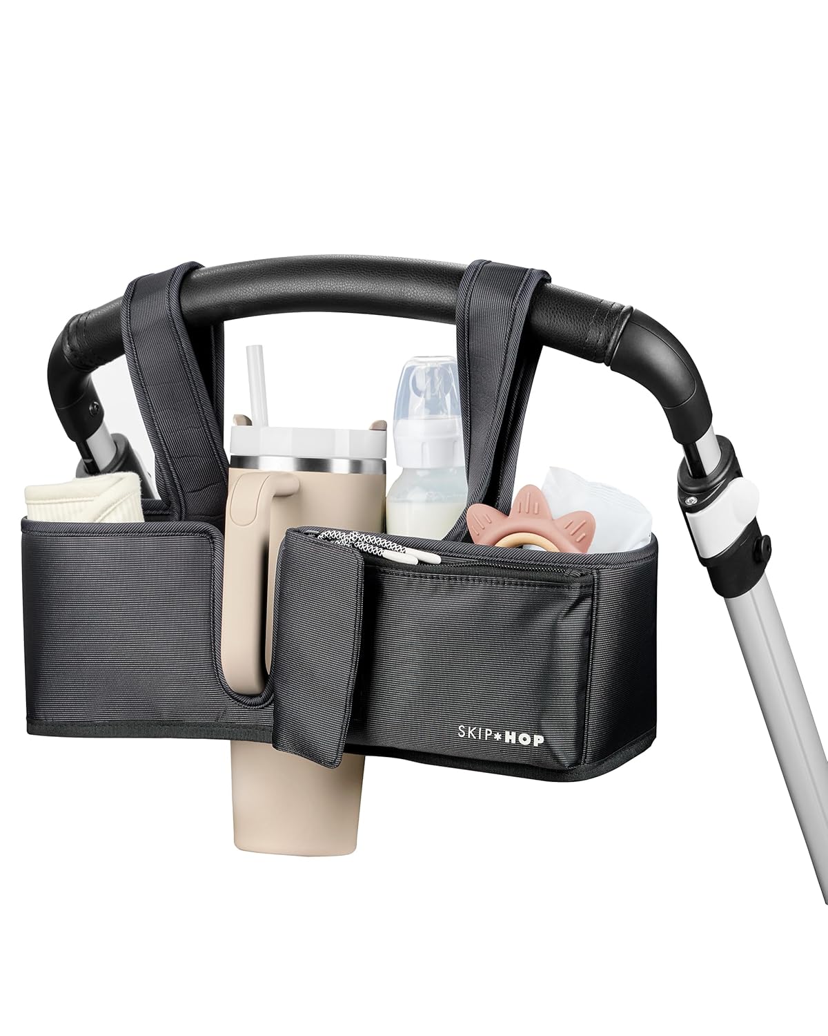 Skip Hop Ultimate Stroller Organizer Universal Fit with Adjustable Straps, Magnetic Flaps and Convertible Design That fits 40 oz. Tumblers, Oat