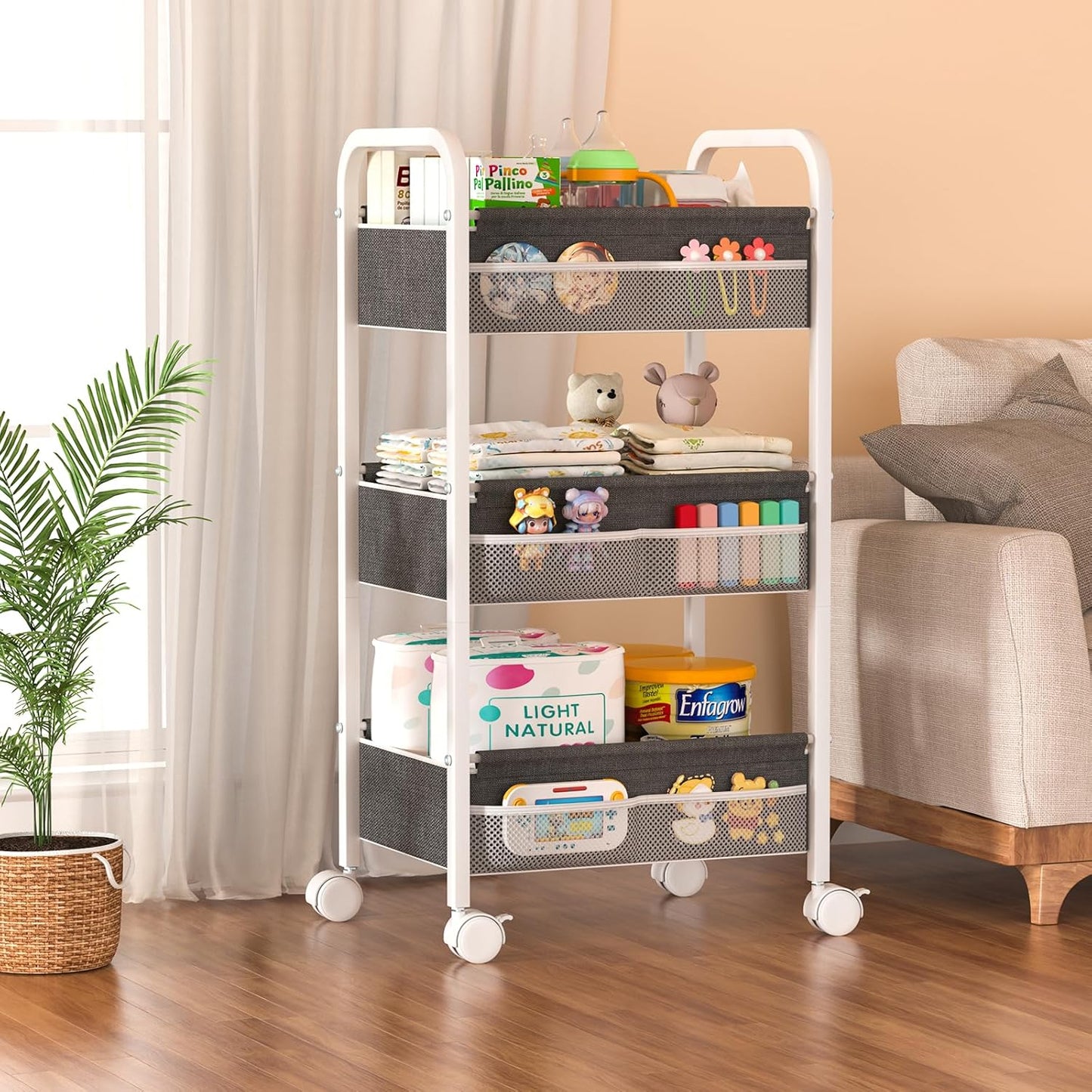 Baby Diaper Caddy Rolling Utility Cart, 3 Tier Baby Essentials Nursery Organizer and Storage with Dividers and Drawers for Crib, Bedroom, Art & Craft Organizer (Black)