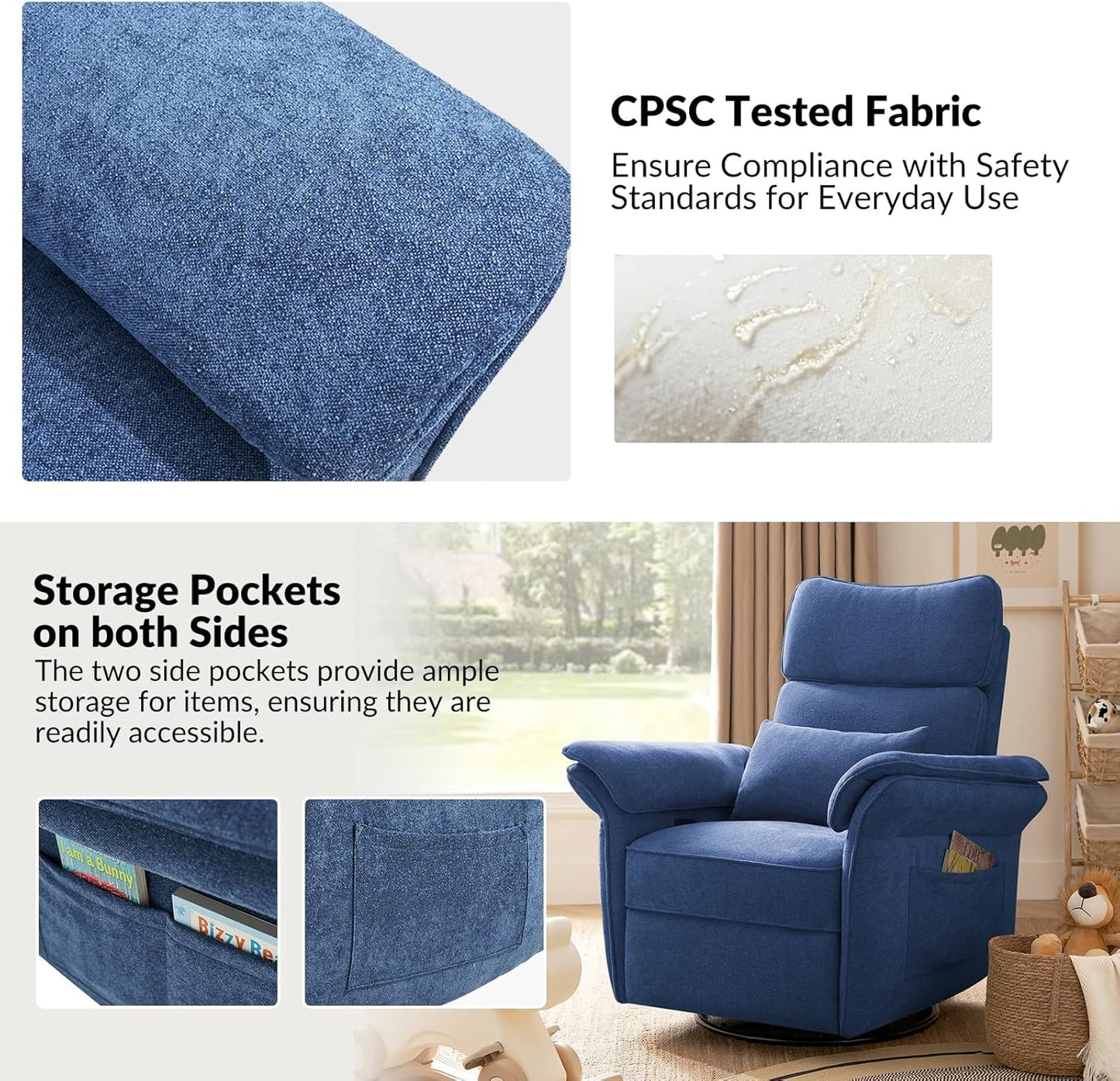 HULALA HOME Nursery Glider Recliner with Adjustable Headrest and Armrests, Power Swivel Rocker Recliner Chair with USB Port and Storage Bags, GREENGARD, FSC, CertiPUR-US® Certified, Beige