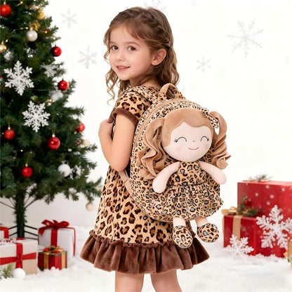 Gloveleya Toddler Backpack Baby Girl Gifts Curly Hair Plush Figures Dress Backpack Kids Backpack Curly Hair Spring Girl - White Leopard 9inches