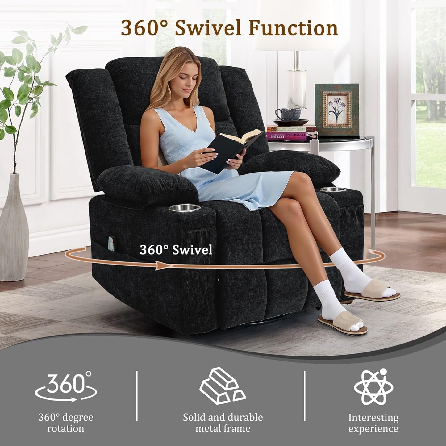 Korser 360° Swivel Rocker Recliner for Adults, Nursery Glider Recliner with Massage and Heating, Rocking Chair with Cup Holder, Manual Recliner Chair for Living Room, Bedroom (Fabric, Beige)
