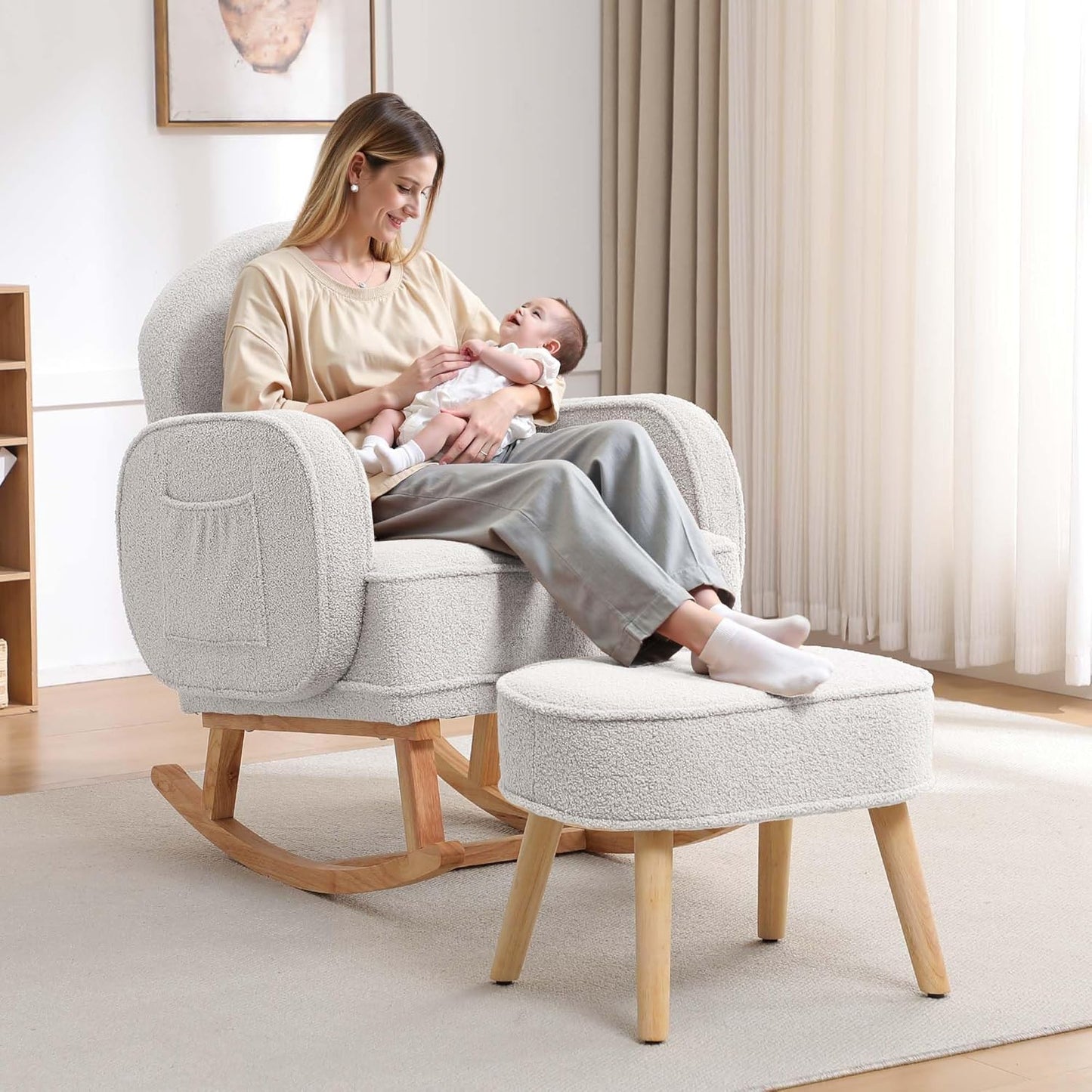 HCHAIRH Nursery Rocking Chair with Ottoman, Upholstered Glider Rocker with High Backrest Side Pocket, Rocking Accent Armchair with Solid Wood Legs for Nursery, Living Room, Bedroom, Light Grey