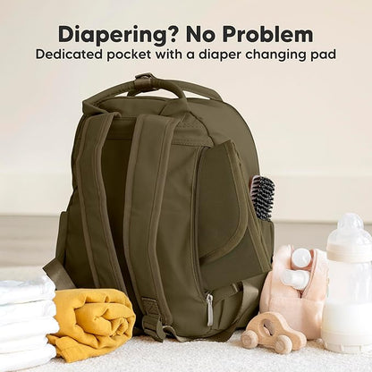 KeaBabies Diaper Bag Backpack - Small Multifunctional Travel Diaper Back Packs, Maternity Baby Changing Bags, 12L Capacity, PU Leather, Waterproof, Unisex, Nappy Changing Pad (Dark Olive, Small)