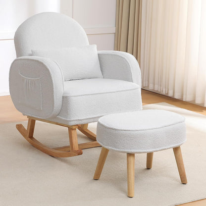 HCHAIRH Nursery Rocking Chair with Ottoman, Upholstered Glider Rocker with High Backrest Side Pocket, Rocking Accent Armchair with Solid Wood Legs for Nursery, Living Room, Bedroom, Light Grey