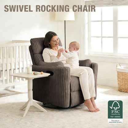 Oversized Swivel Rocking Chair, Manual Large Rocker Recliner Chairs for Adults, Corduroy Nursery Glider Barrel Chair with 2 Pillows, Wide Recliner for Living Room, Bedroom, Nursery, White