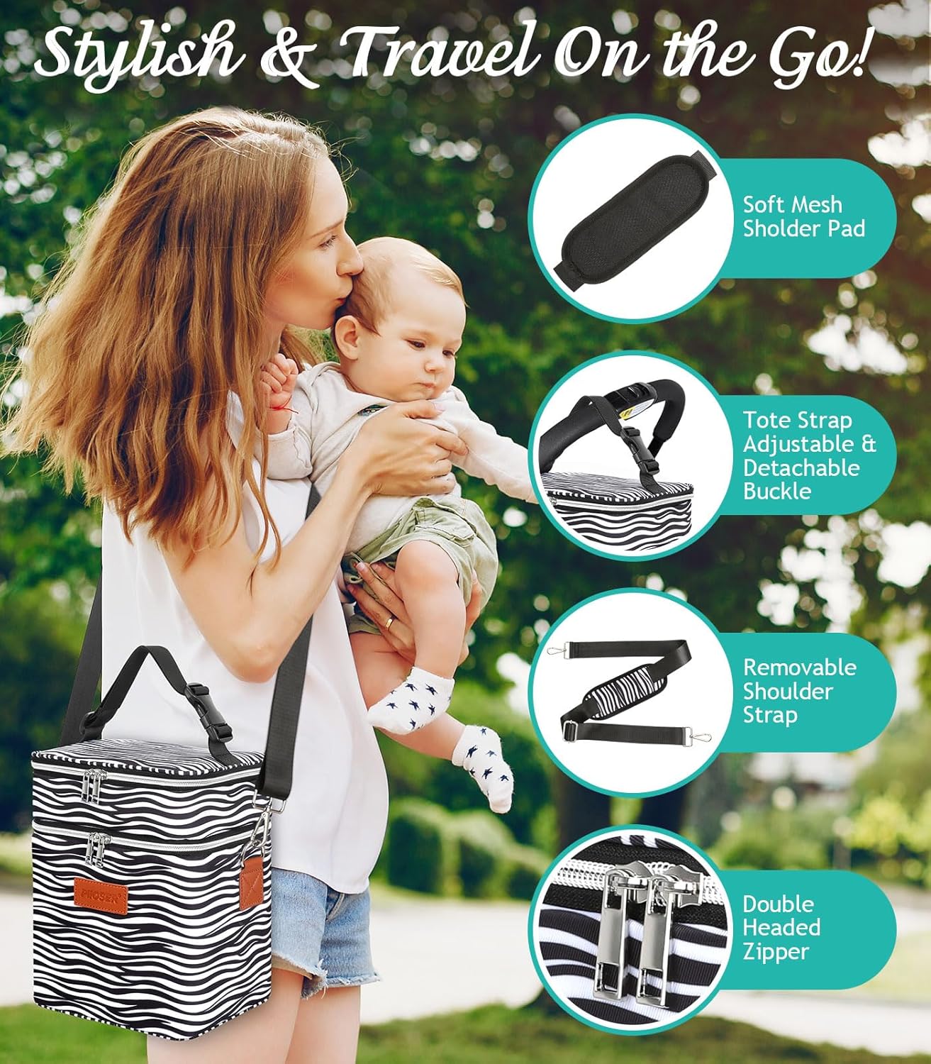 PIIOSER Breastmilk Cooler Bag with Ice Pack Fits 6 Baby Bottles Up to 9 Ounce, Insulated Baby Bottle Tote Bags, Double Layer Waterproof Leak-Proof with Shoulder Strap for Nursing & Working Mom (Grey)