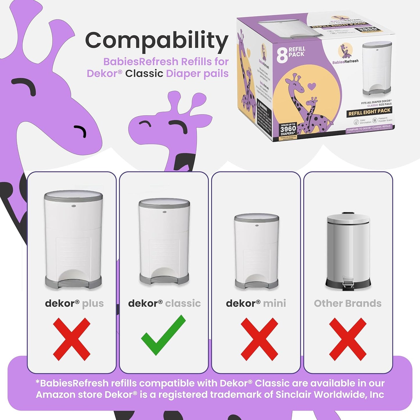Refills Compatible with DEKOR PLUS Diaper Pail Refills | 8 Pack | Diaper Pail Odor Eliminator| Fresh Powder Scent | Each Diaper Bag Refill Holds up to 4640 Diapers | Diaper bin refill