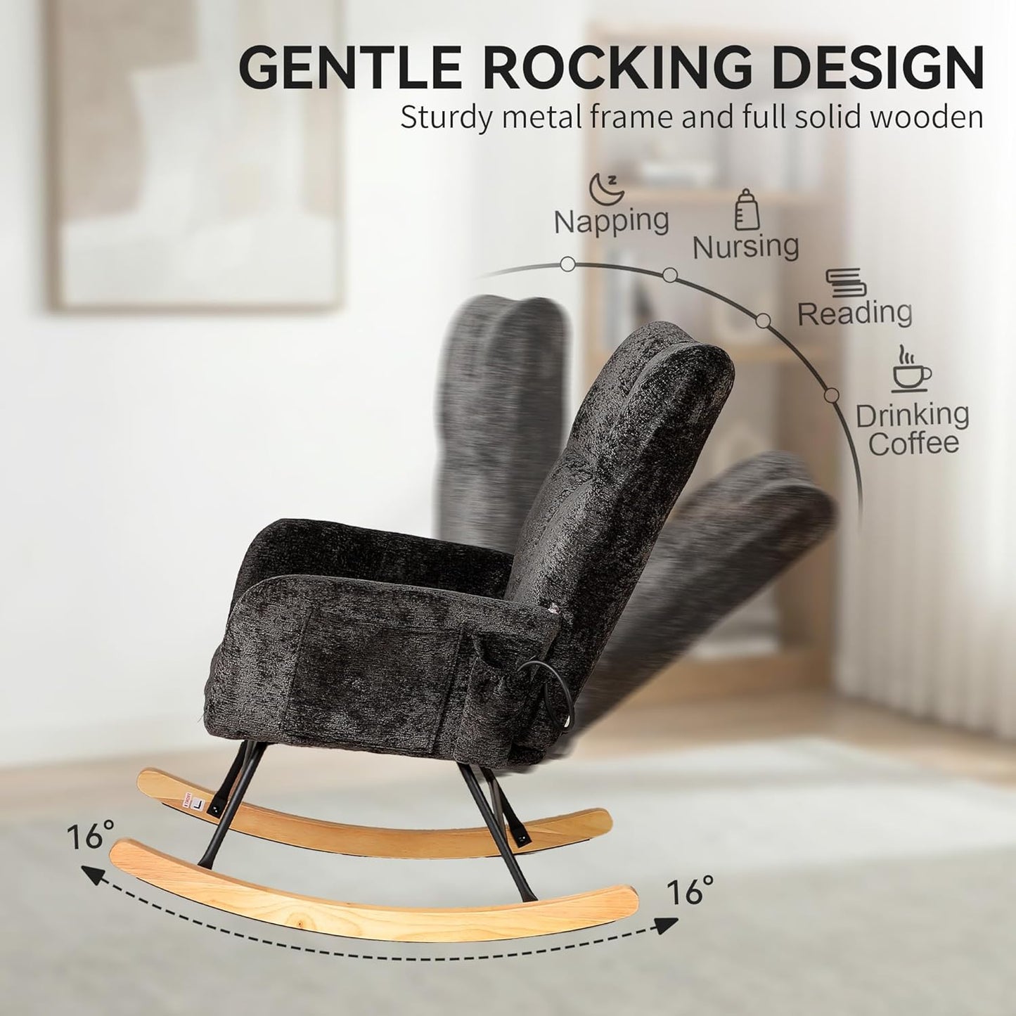 Nursery Rocking Chair Teddy Upholstered Glider Rocker Rocker Accent Chair with High Backrest Armchair Comfy Side Pocket Modern Rocking Accent Chairs for Living Room, Nursery, Office-Green