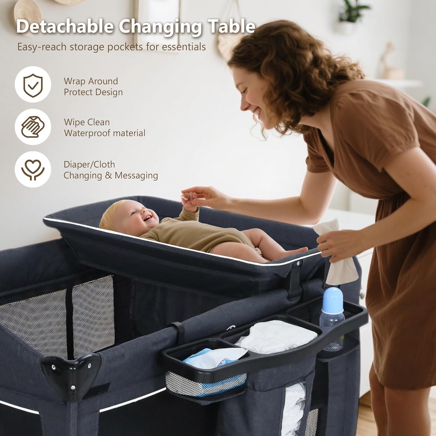 Kinder King 4 in 1 Foldable Pack and Play with Bassinet & Changing Table, Portable Playard for Babies and Toddlers, Adjustable Canopy, Storage Bag, Light Gray