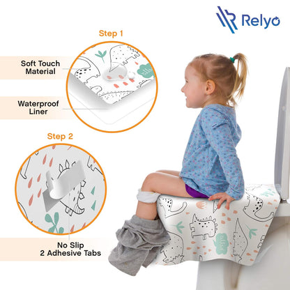 Relyo Disposable Toilet Seat Cover for Travel – 20 Pack with Covers Wrapped in Sets of 2, Non-Flushable Liners, Fits Most Seats – Kids, Toddlers, Adults (Dinosaurs, 20)