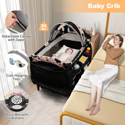 BABY JOY 4 in 1 Pack and Play, Portable Baby Playard with Bassinet & Flip-Away Changing Table, Canopy, Portable Bedside Crib with Storage Basket, Oxford Bag, Infant Bassinet from Newborn to Toddlers