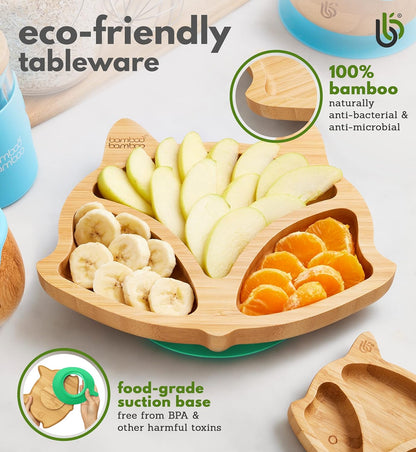bamboo bamboo Baby and Toddler Plate for Feeding and Weaning, Bamboo Fox Plate with Secure Suction Cup for Babies from 6 Months (Fox, Pink)