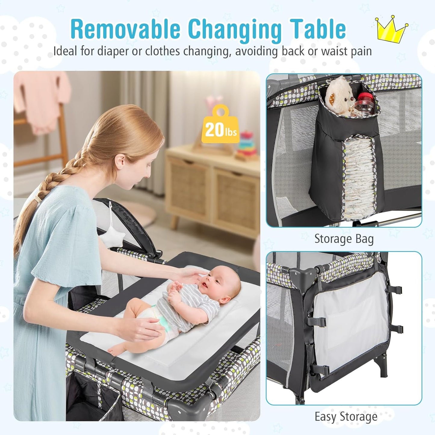 BABY JOY 4 in 1 Pack and Play with Canopy, Portable Baby Playard with Bassinet, Double-Layer Baby Crib, Wheels & Brake, Foldable Baby Girl Pink Princess Bassinet from Newborn to Toddler