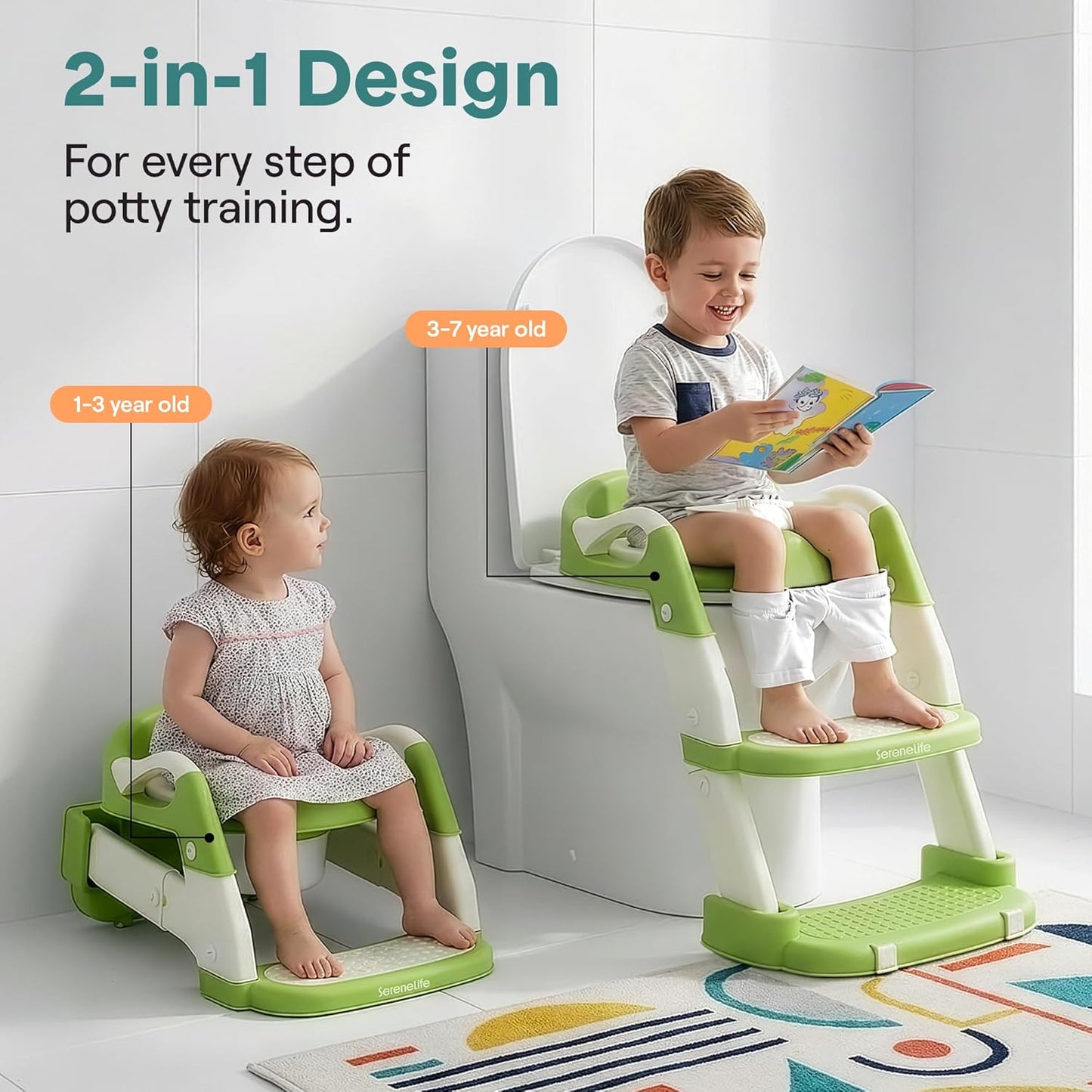 SereneLife 2-in-1 Potty Chair & Potty Training Seat with Step Stool Ladder - Height Adjustable Kids/Toddler Toilet Seat with Stable Anti-Slip Design, Cushioned Seat & Splash Guard For Boys Girls