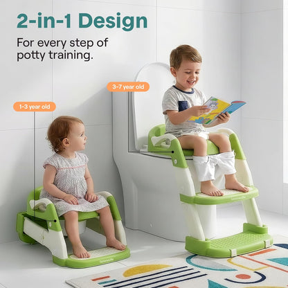 SereneLife 2-in-1 Potty Chair & Potty Training Seat with Step Stool Ladder - Height Adjustable Kids/Toddler Toilet Seat with Stable Anti-Slip Design, Cushioned Seat & Splash Guard For Boys Girls