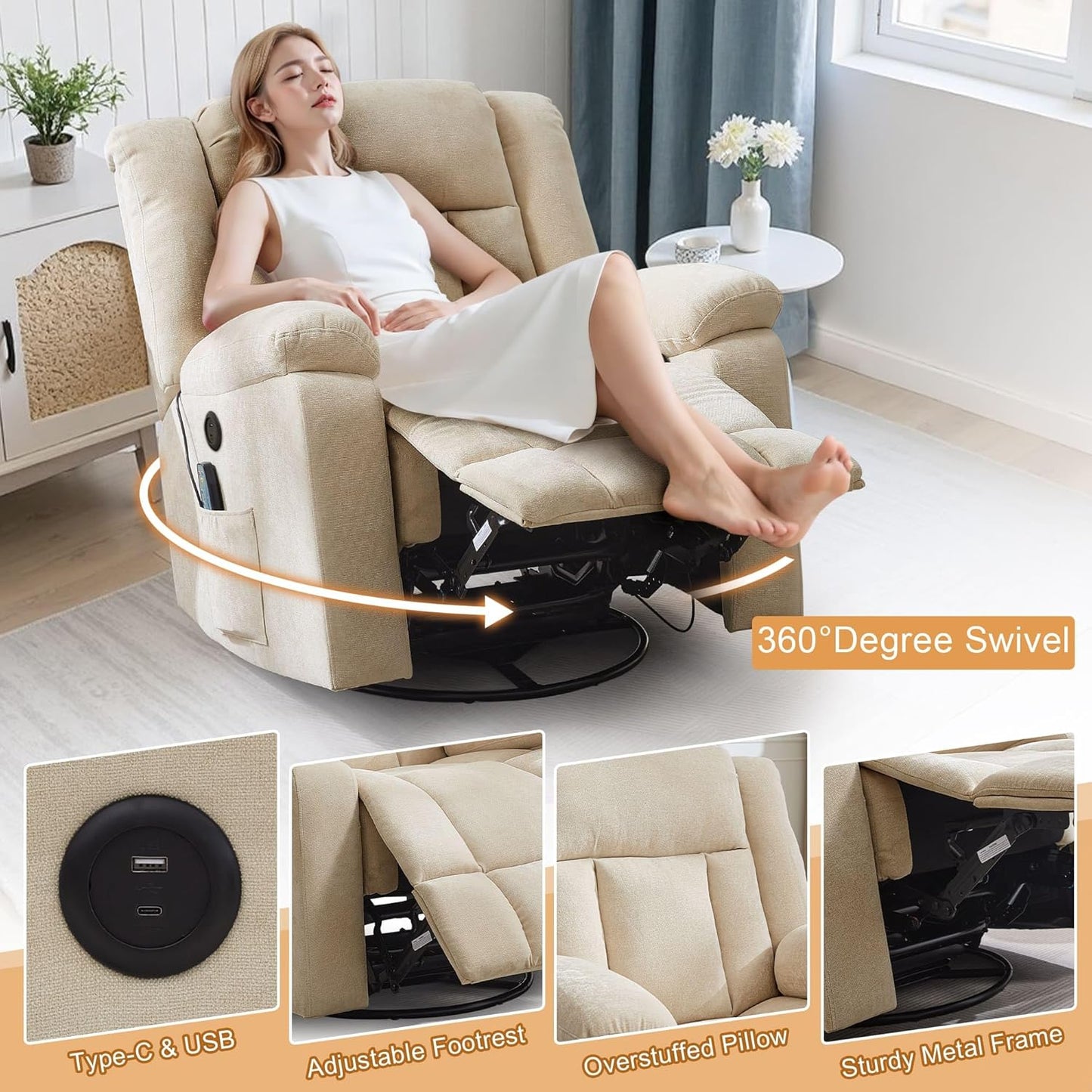 Korser Rocker Recliner, Glider Recliner Chairs for Adults, 360° Swivel Rocking Chair with Massage and Heating, Nursery Chair with Storage and USB Charging for Living Room, Bedroom, Nursery