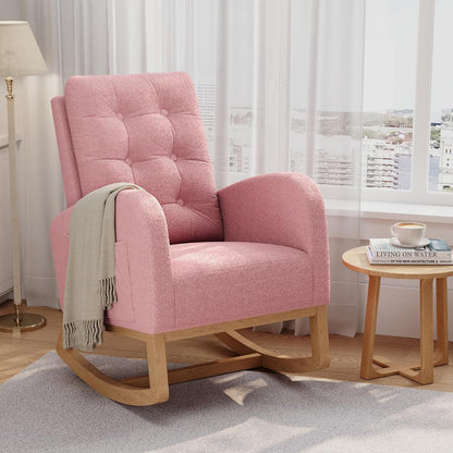 GarveeHome Nursery Rocking Chair with Adjustable Footrest, Teddy Fleece Upholstery, Sturdy Wooden Legs & High Backrest, Comfortable Glider Rocking Chair for Living Room or Bedroom, Pink
