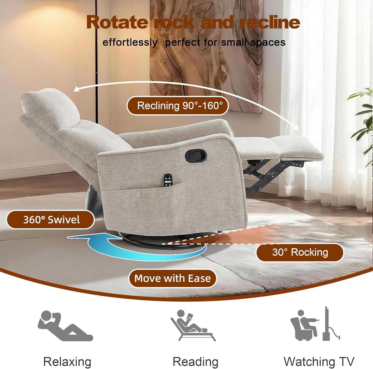 Casaphoria 360° Swivel Rocking Recliner Chair with Heat and Massage Upholstered Fabric Nursery Glider with Side Pocket for Living Room,Bedroom,Home Theater and RV Small Space(Light Gray)