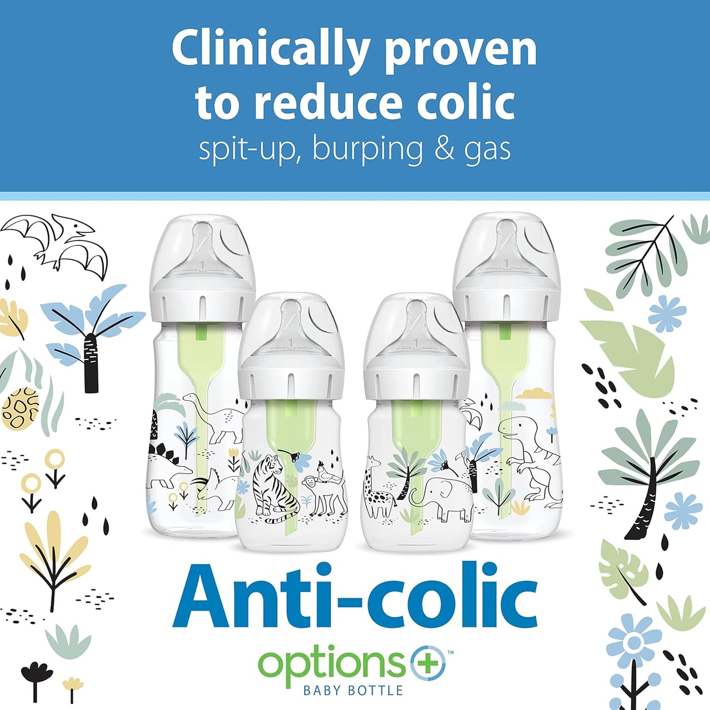 Dr. Brown's Anti-Colic Options + Wide-Neck Baby Bottle Designer Edition Dino Decos, 9oz/270mL, Level 1 Slow Flow Nipple, BPA-Free, 0m+, 2-Pack